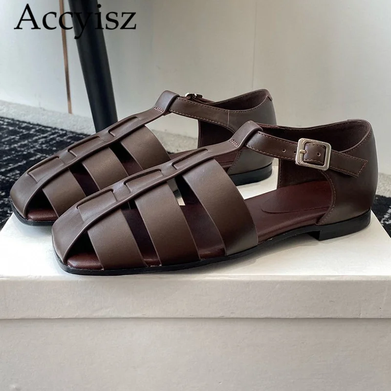 

Summer Genuine Leather Headband Hollow Design Casual Shoes Women's Solid Color Buckle Versatile Sandals Daily Casual Flat Shoes