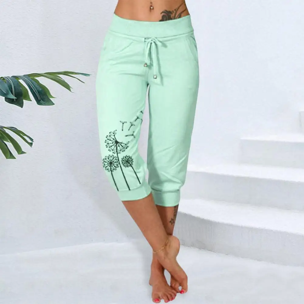 

Polyester Spandex Leggings for Women Dandelion Print Drawstring Waist Cropped Harem Pants for Women Sporty Trousers with Pockets