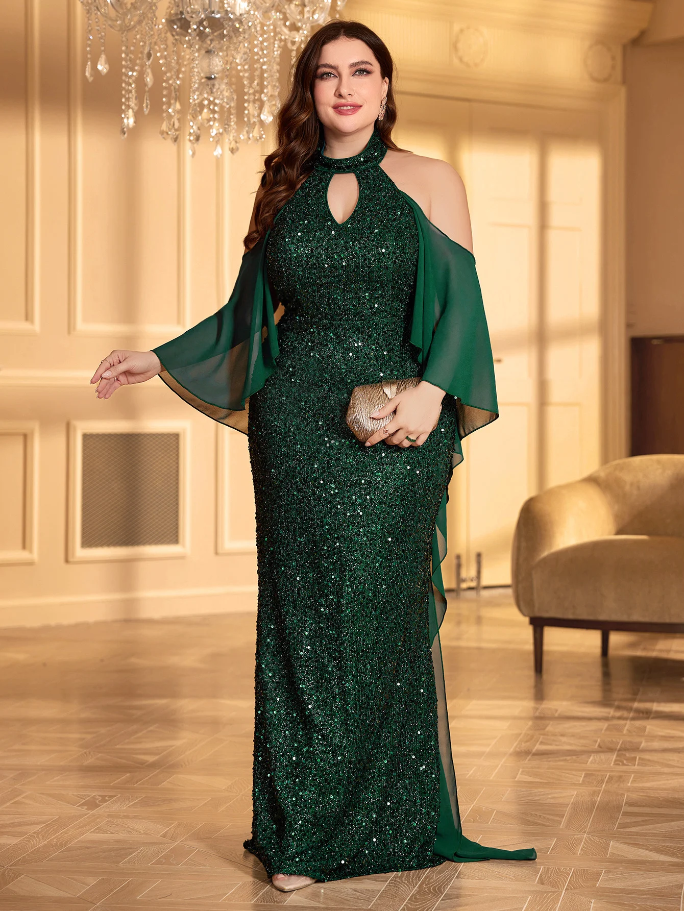 Unithorse A Elegant Sparkly Glitter Sequin Bodycon O-Neck Floor-Length Sleeve Dress