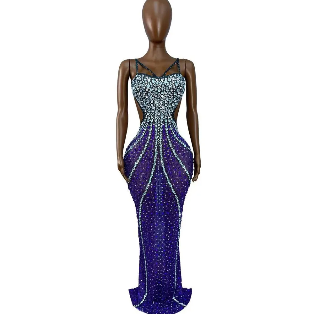Sexy High grade Sparkly Rhinestones Cultivation Mesh Suspenders Dress Women Evening Party Elegant Gown Fashion Show Stage Wear
