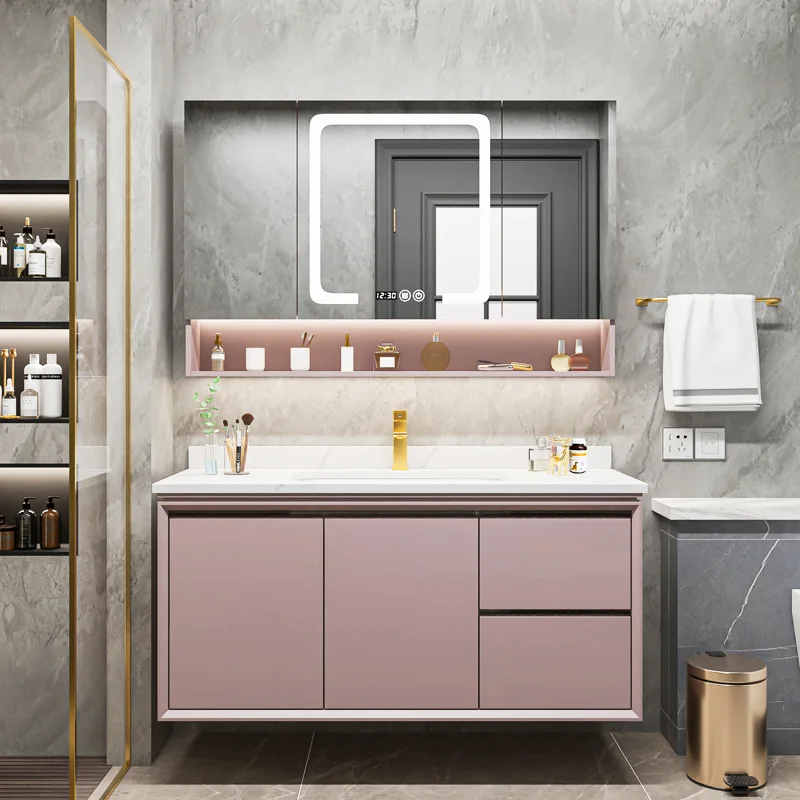 

Pink oak solid wood rock slab bathroom cabinet combination modern simple washbasin light luxury bathroom