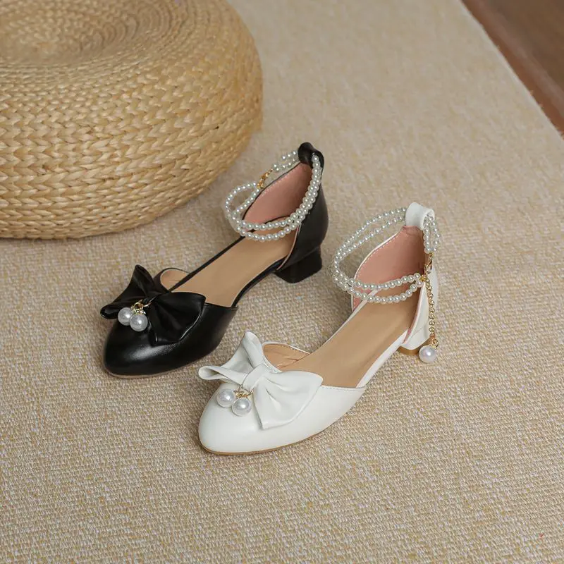 

REAVE CAT Lolita Sweet Soft Female Daily Janes Shoes Spring Women Flats 32 33 Round Toe Bowknot Beads Strap Size 42 43 Black Hot