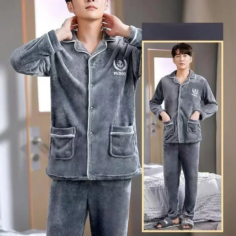 New Autumn Winter Pajama Men Thick Flannel Middle-aged Homewear Warm Plush Nightgown Plus Large Size Sleepwear Coral Velvet Suit