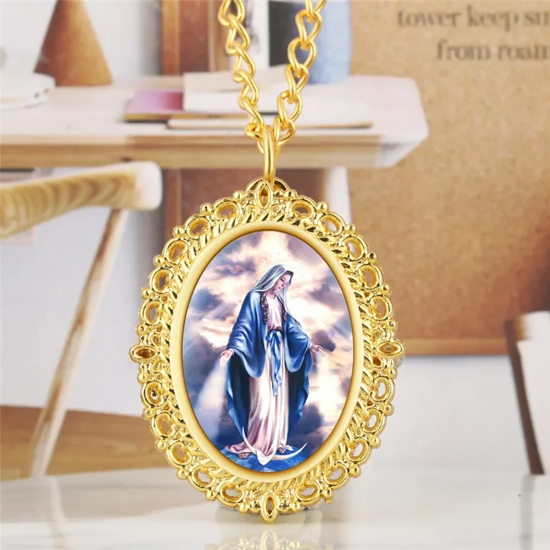 Golden Oval Shape Virgin Mary Design Unisex Quartz Analog Pocket Watch Pendant Religion Clock with Sweater Chain Souvenir