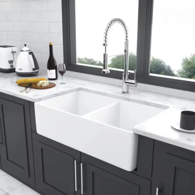 

ATV Luxury Ceramic Farmhouse Apron Front Sink Ceramic Apron Front Kitchen Sink Double Bowl 32x20 Extra Deep White Kitchen Sink