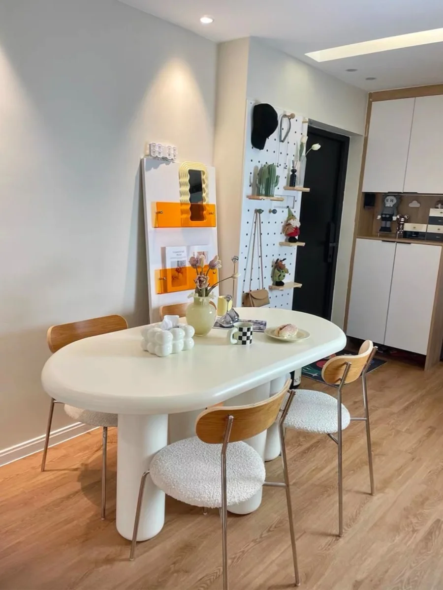 French Cream Style Dining Table and Chairs, Round Table, Small Household, Modern Simple Oval Shape