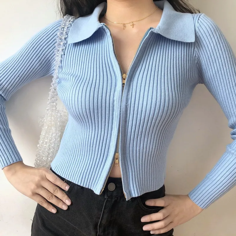 

Fashion Zipper Knitted Sweater Long Sleeve Slim Elastic Knitted Tops Solid Color Screw Thread Open Navel Basic Sweater Korean