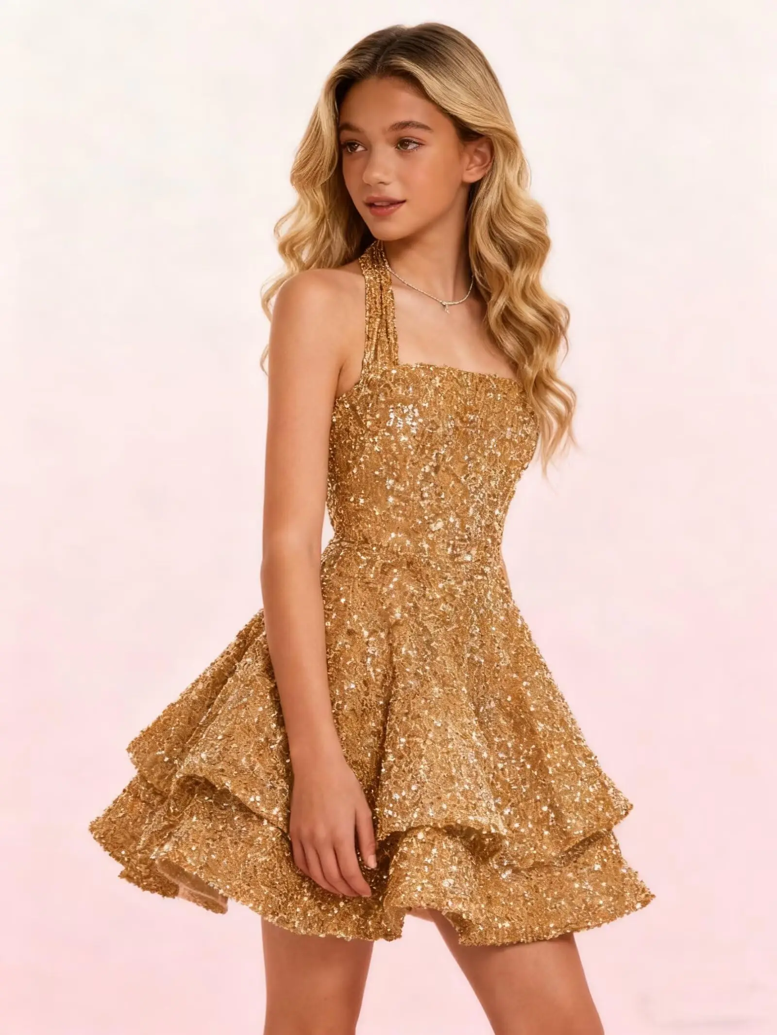 Sequin Short Homecoming Dress for Teens Short Prom Dresses Halter Neck Sparkly Tiered Cocktail Party Gowns image 5