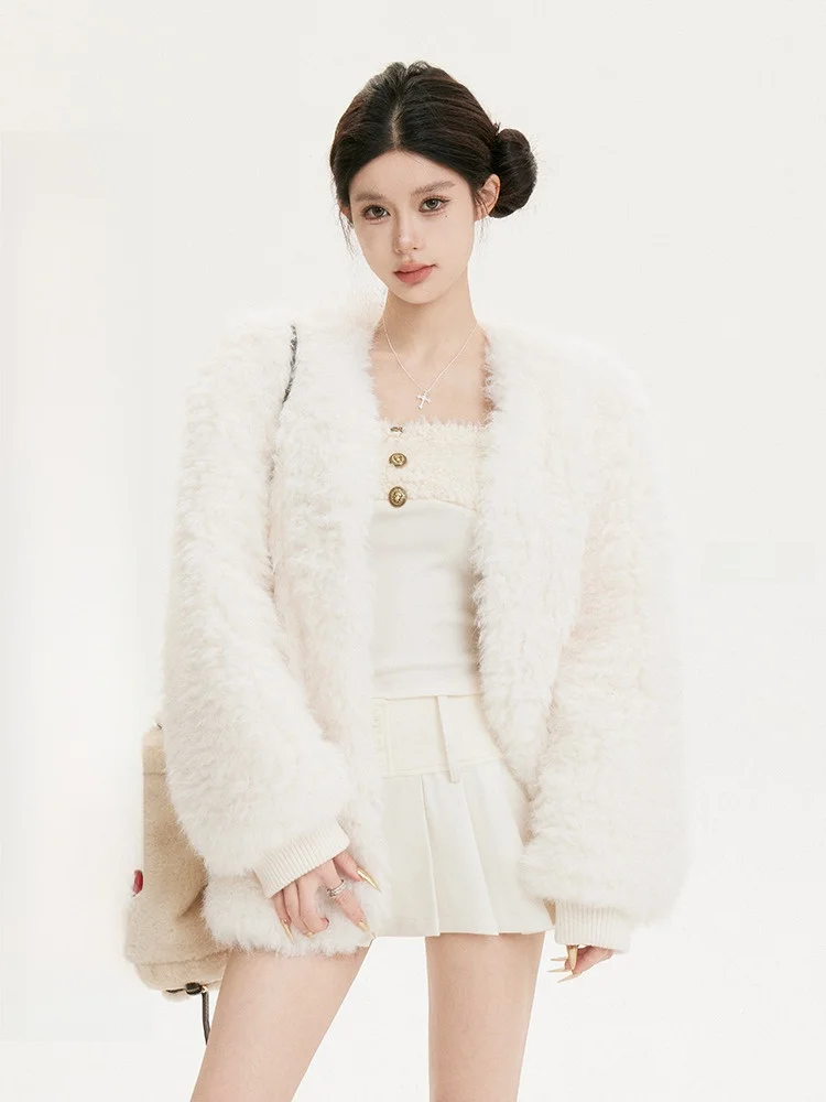 

Buleng White Fur ort Jaet Autumn Winter Vintage Splicing Thiened V-Ne Long Sve Women's Outerwear Commute Sle