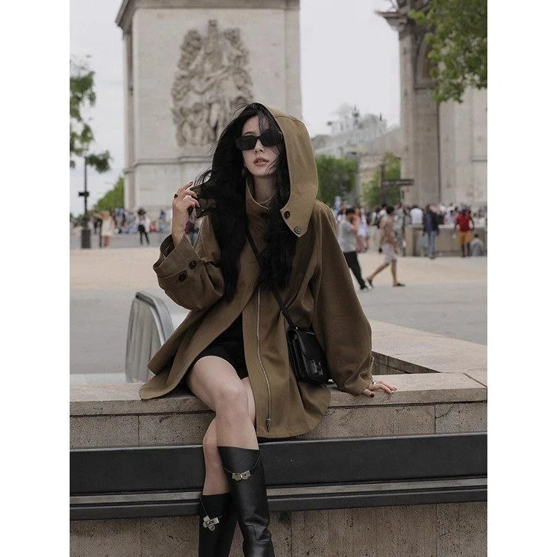 [Pocket Elements Fashion Match] British Wind Trench Coat Female Spring Casual Small Design Sense Loose Cape Hooded Trench Coat
