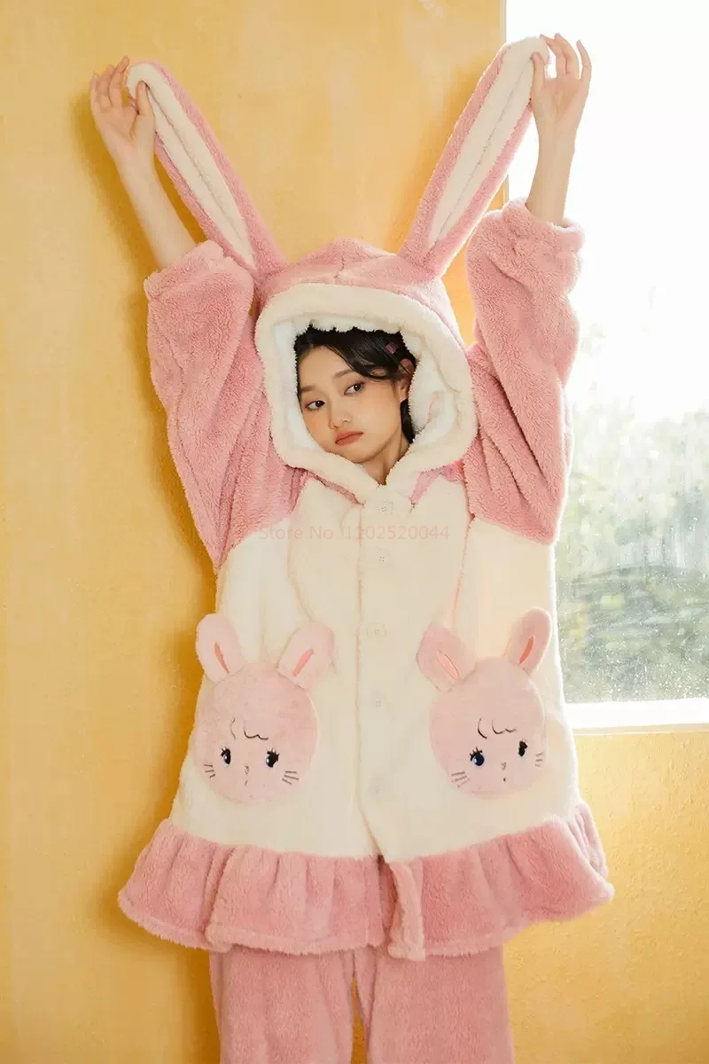 2023 New Mikko Plush Thick Pajamas Pants Women Nightgown Winter Y2k Warm Clothes Lotso Hooded Hoodie Cartoon Cute Girl Coat Gift