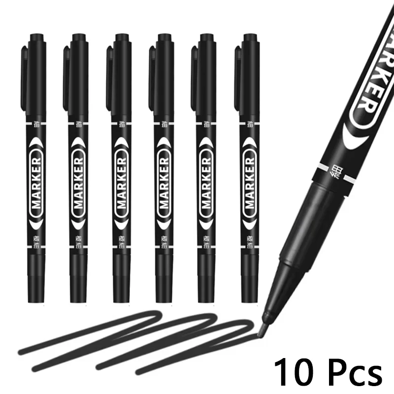 Rotulador permanente de doble punta, punta fina, tinta resistente al agua, punta fina, punta cruda, 3 colores, negro/rojo/azul para marcar Graffiti, 10 Uds.