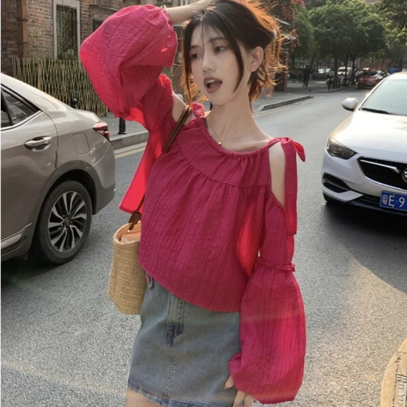 

Lantern Bubble Sleeves Lace Up Off The Shoulder Hanging Strap Short Shirt Women's Thin Summer Design Sense Niche Shirts Top