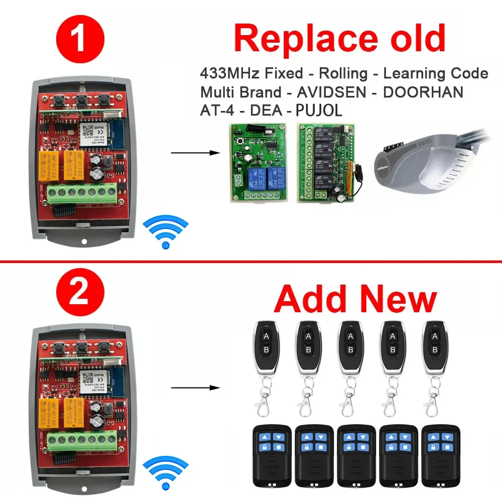 Imagem -03 - Tuya Interruptor Inteligente Universal Receptor de Garagem 433mhz Controle Remoto 2ch Relé Abridor Portão Controlador wi fi & 433.92 Transmissor