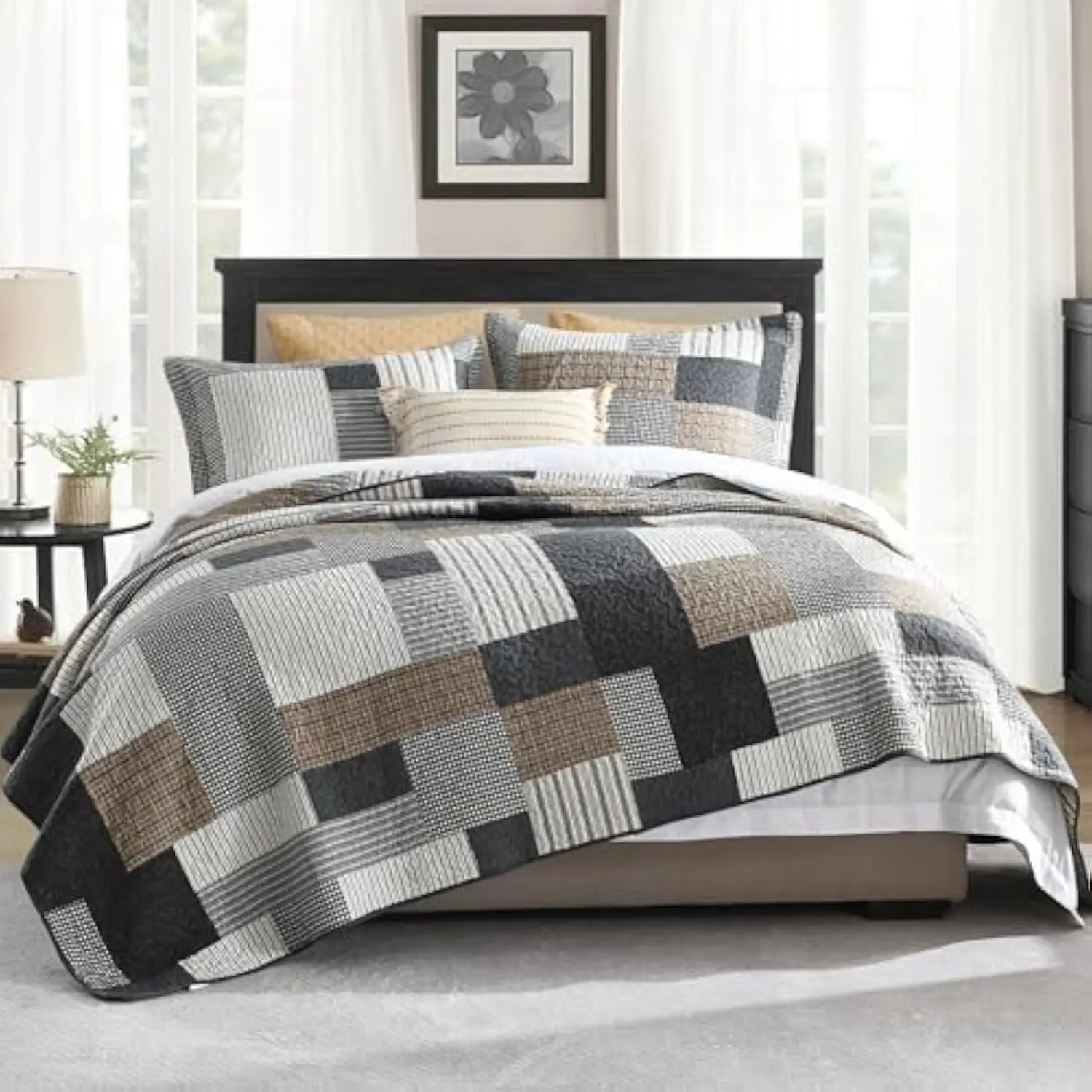 

Quilt King Size - 100% Cotton Lightweight Bedspread - Gray Brown Black White Plaid Patchwork Soft Reversible Quilt King Size f