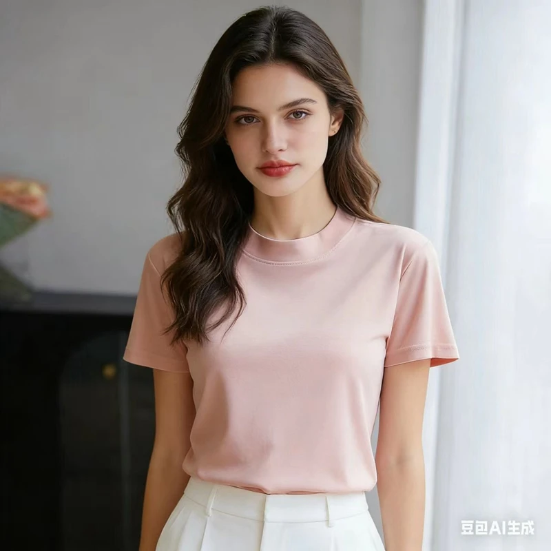 

Summer New Cool Mercerized Cotton Short Sleeve T-shirt Women's Semi-High Collar 100% Cotton Loose Shoulder Top