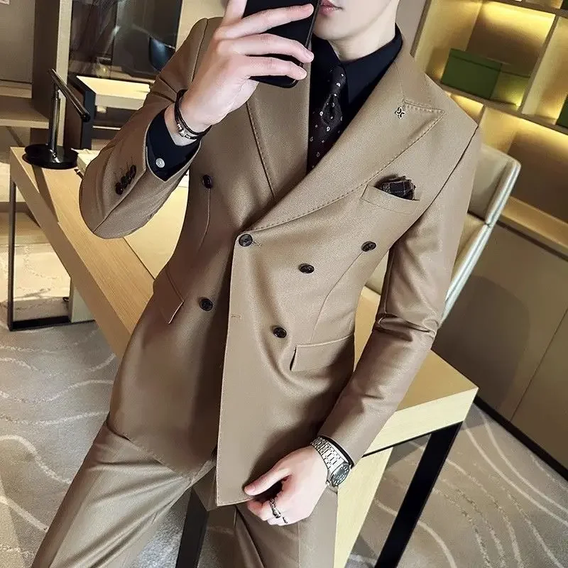 

M71 Breasted Full Men's Suits and Blazers Solid Color 2 Piece Outfit Set Male Youth Casual Gentleman Trends Costumes Eleg