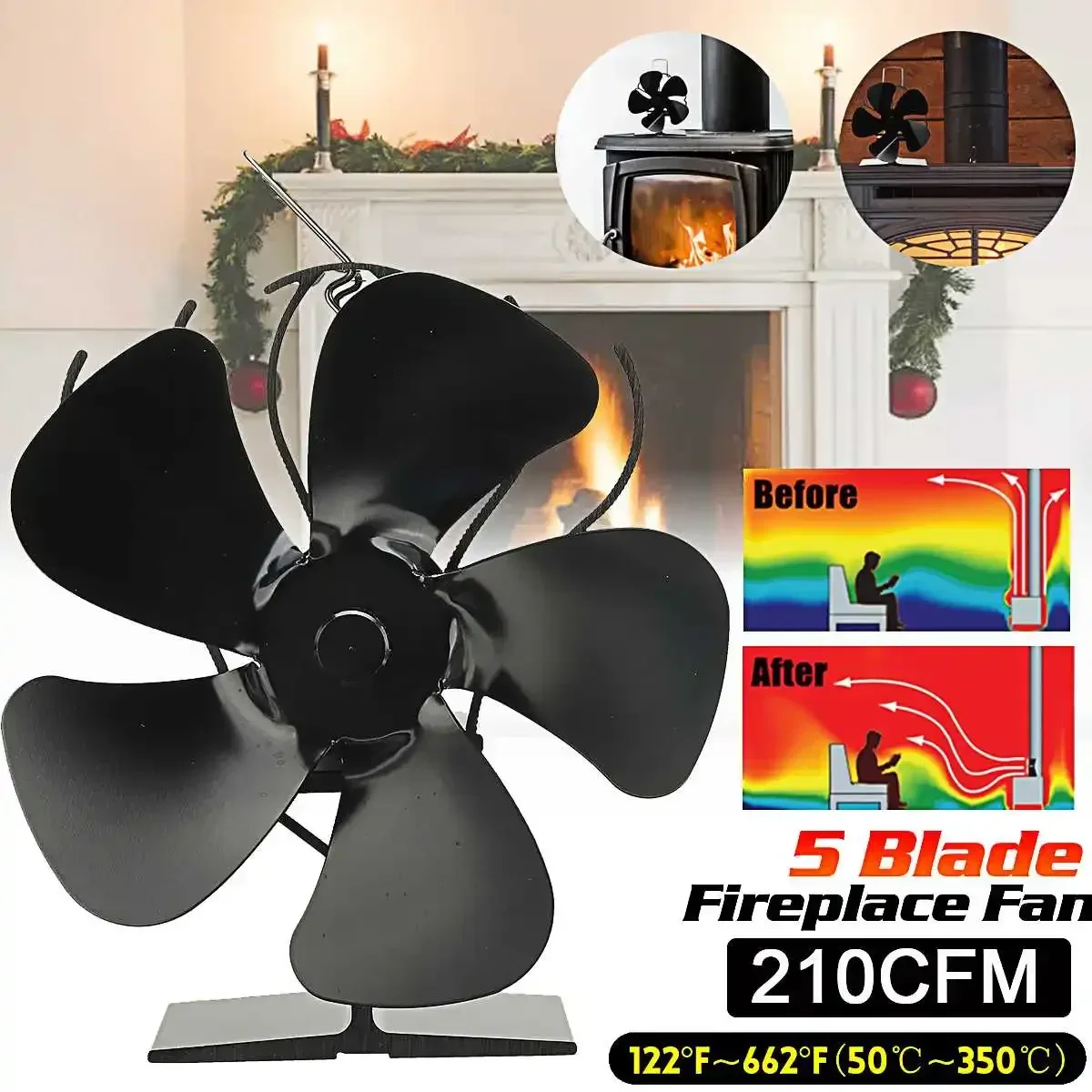 Black Stove Fan 5 Blades Heat Powered Fireplace Fan Log Wood Burner Ecofan Quiet Home Fireplace Fan Efficient Heat Distribution