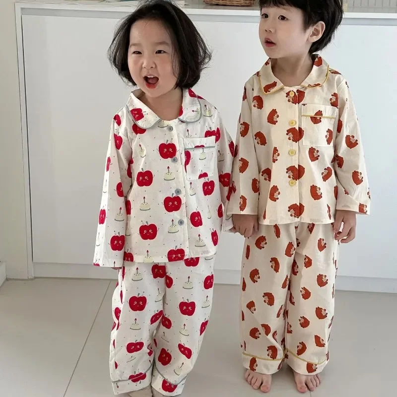 

2024 Spring Children Cartoon Homewear Outfits Boy Girl Baby Print Lapel Tops + Pants Pajamas 2pcs Loose Kid Cotton Pyjamas Suit