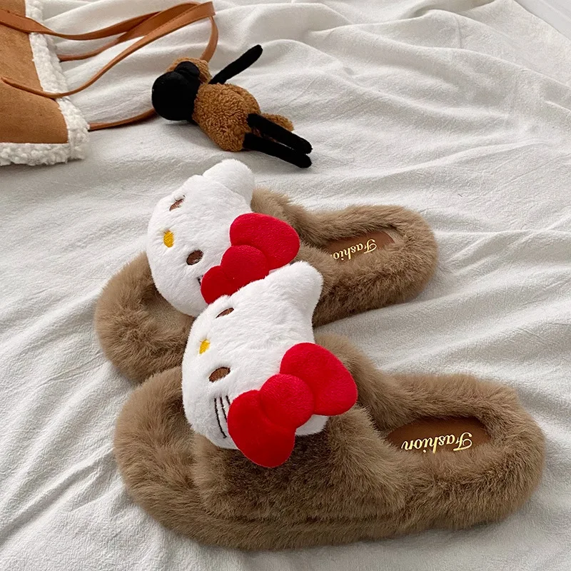 الكرتون مرحبا كيتي الإناث نعال من القطن لطيف الدافئة سميكة وحيد أحذية الخريف الشتاء داخلي المضادة للانزلاق مقاومة للاهتراء مريحة