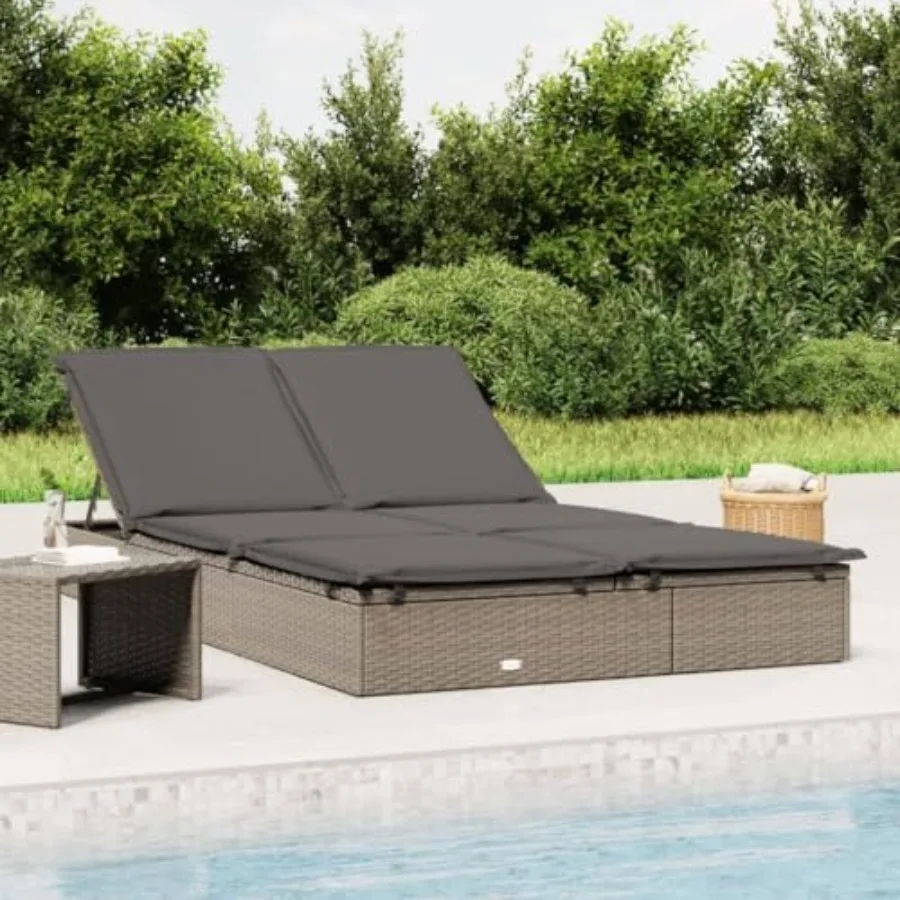 

2-Person Sunbed with Cushions Gray Poly Rattan Lounger Adjustable Recliner Chair for Patio Pool Garden Backyard Deck Camping Ou