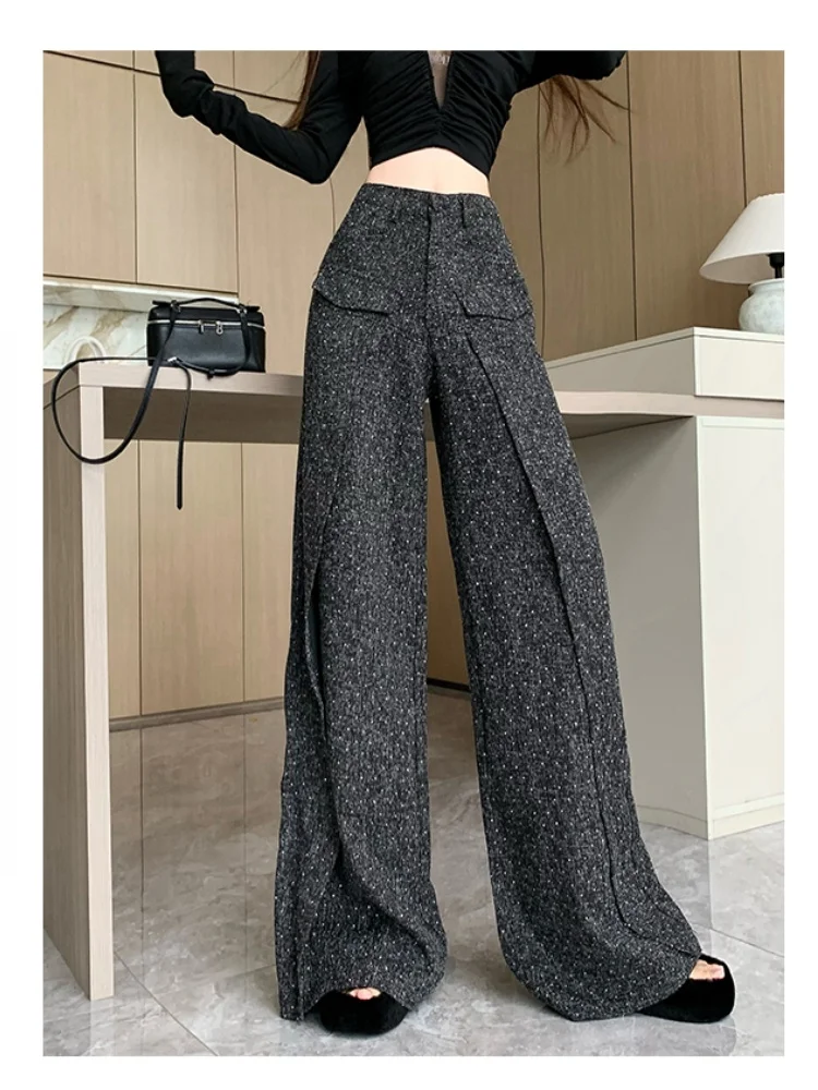 SMTHMA New Autumn Design Diamond Hot Stamping Casual Pants For Women irregular High Waist Hanging Feeling Floor Length Pants