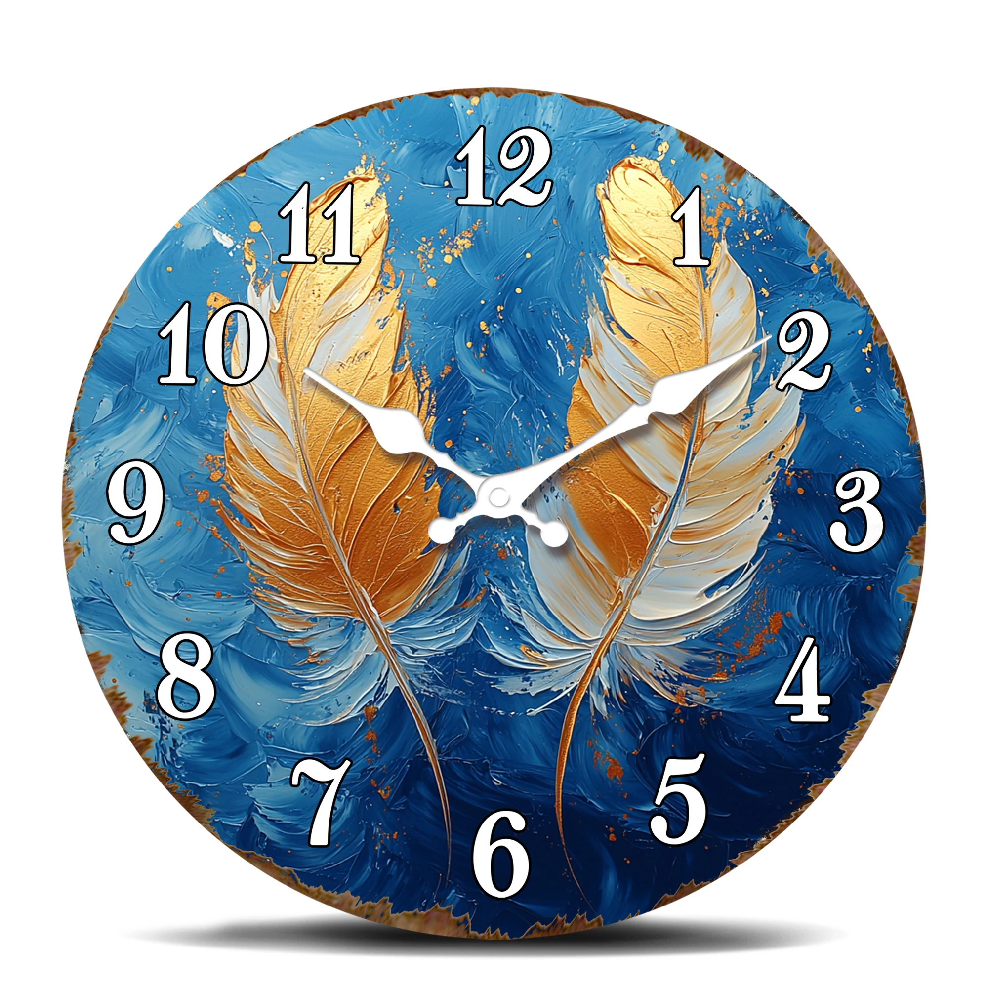 Abstract Golden Feathers on Blue Background Wall Clock, Modern Art Silent Quartz Clock, Stylish Round Decorative Timepiece for O