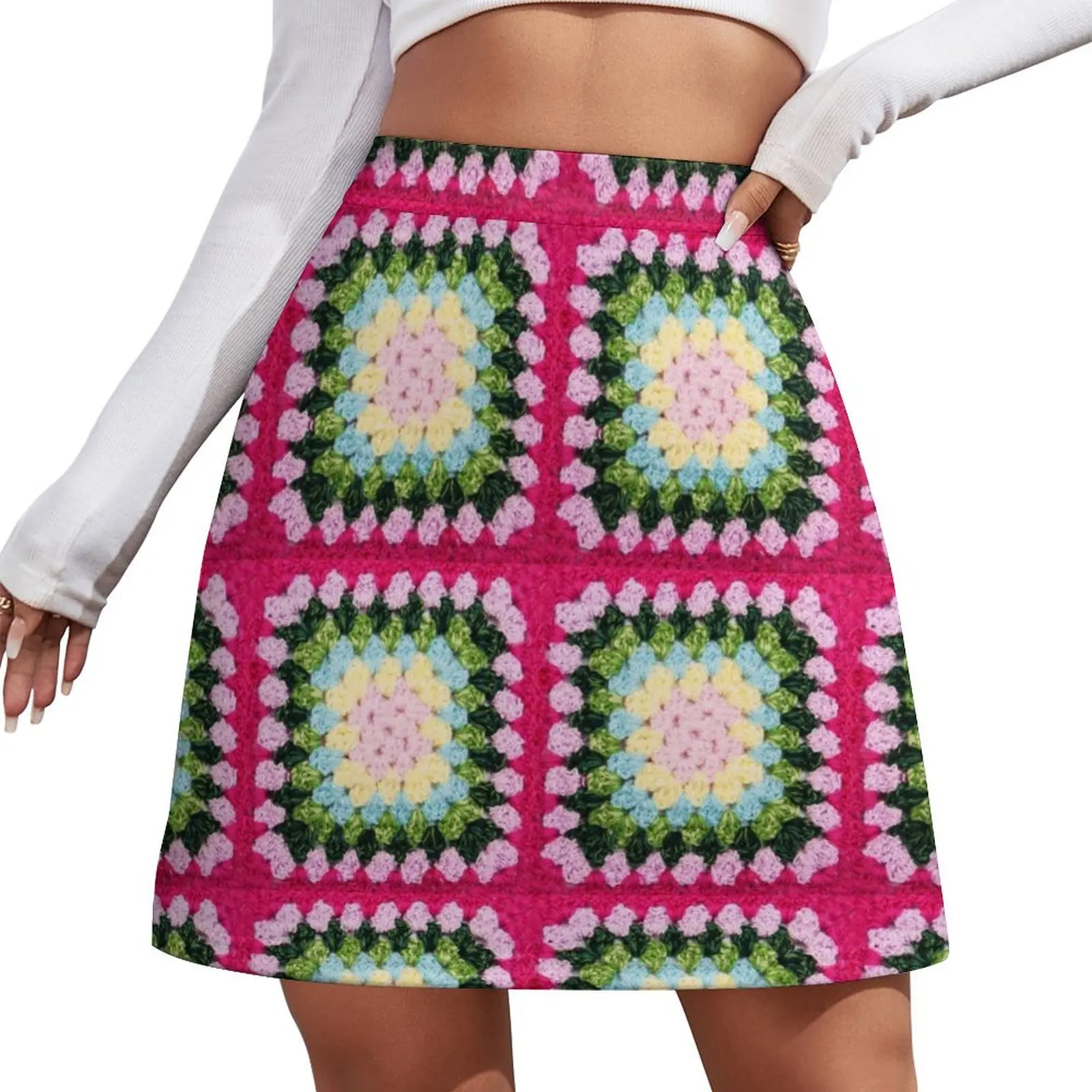

Вязаная крючком мини-юбка с радужным узором «Гранни Скуэр», женская юбка, женские платья, одежда в стиле кавайи