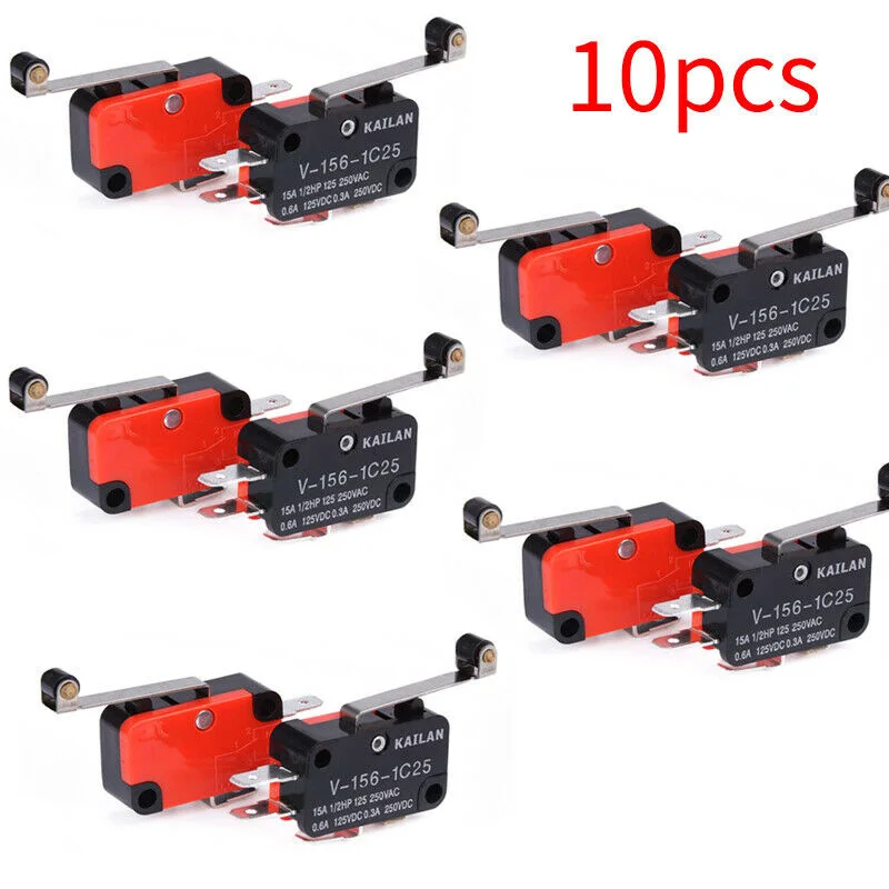 10PCS Microswitch Long Lever AC 250V 15A V-156-1C25 SPDT Roller Lever Micro Switch