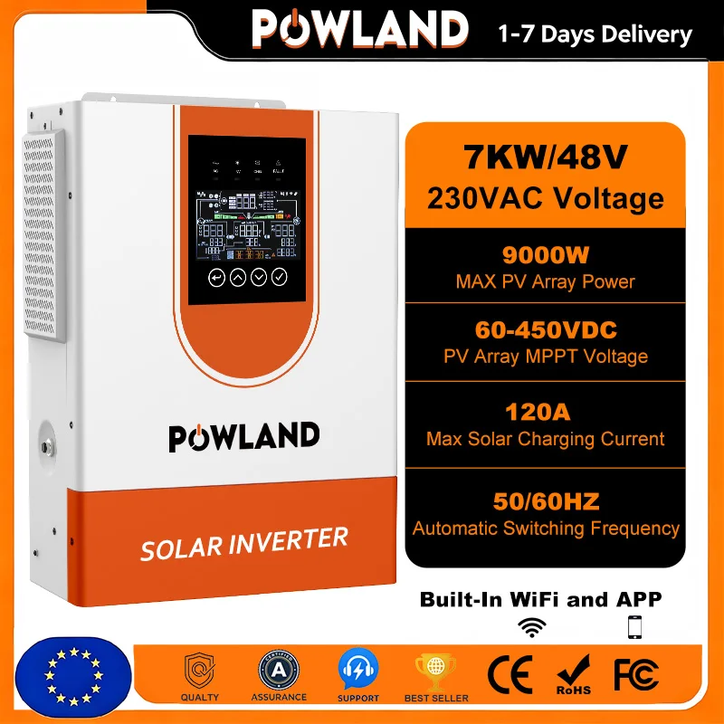 POWLAND 7000W 48V Hybride PV-omvormer 230V zuivere sinusgolf met 120A MPPT-lader, ondersteunt batterijloze werking en dubbele AC-uitgang