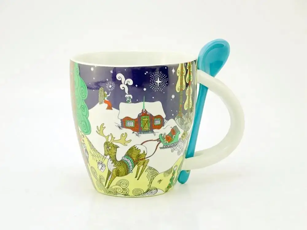 Xmas Winter Reindeer Design Custom Logo Porcelain Coffee Ceramic Mug With Spoon In Handle