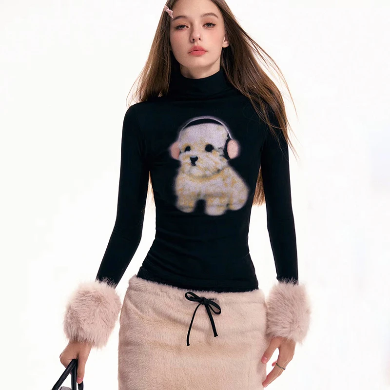 Y2k Tops Fashion Woman Blouse 2024 Spring Long Hairy Sleeve Turtleneck Graphic T Shirts Printed Pulovers Kawaii Cute Girls Tees