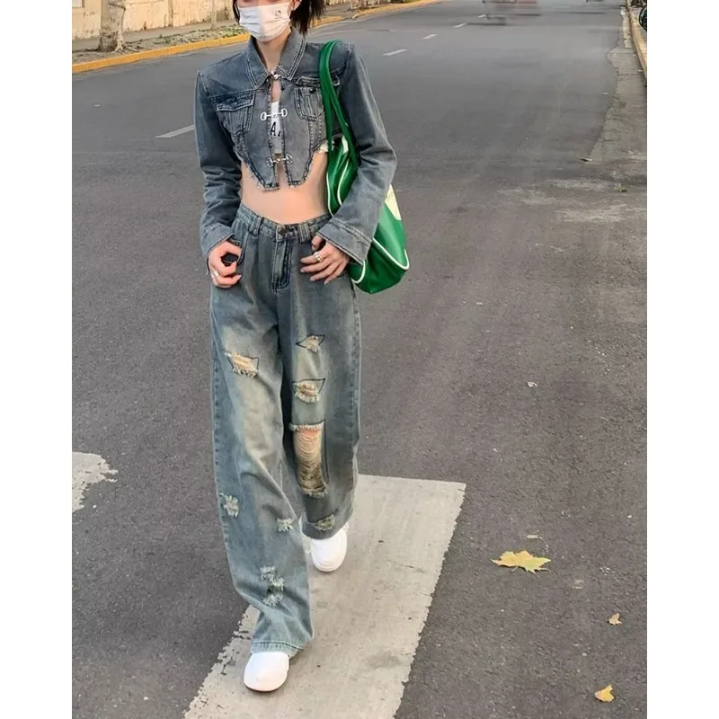 

Loose and Slim Women's Jeans Korean Hot Girl American Retro Design Drape Floor-length Wide-leg Pants Y2k Jeans（New） Clothing