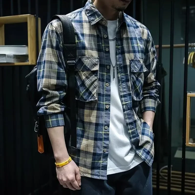 Chemise à carreaux à manches longues pour hommes, chemise décontractée, veste polyvalente, style Hong Kong, marque de chimère, adaptée aux étudiants et aux jeunes