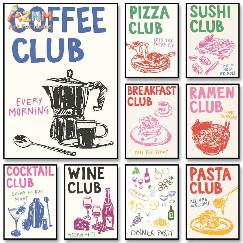 AZNM Colorful Food Club Canvas Print Coffee Pizza Sushi Wine Pasta Cocktail Hand Drawn Art Unframed Canvas Wall Art Kitchen Dini