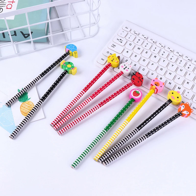 

10pcs/lot 2 In 1 Cute Cartoon Animals Pencil With Eraser Pencil Children Study Kids Wooden Pen