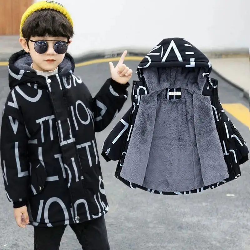 Winter Thick Warm Boys Jackets Coats Fashion Letter Print Cotton Down Jacket Hooded Windbreaker Outerwear for Children Clothes