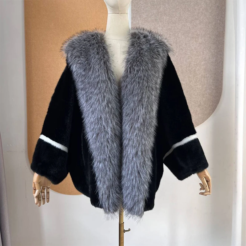 

2024 New Winter Faux Mink Fur Shawl Coat With Faux Silver Fox Fur Collar Thick Warm Women's Fashion Luxury Female Jacket Cape