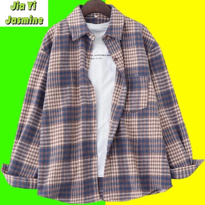 Spring and Autumn New Women's Loose Korean Edition Slimming and Thickened Brushed Plaid Shirt Retro Art Coat