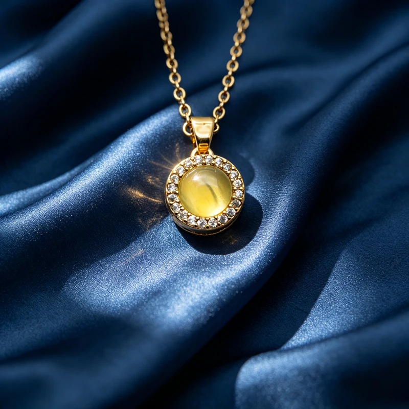 Luxury Elegant Gold Plated Yellow Cat's Eye CZ Necklace, Halo Zircon Luxury Jewelry For Women Bridal Wedding Anniversary Gift