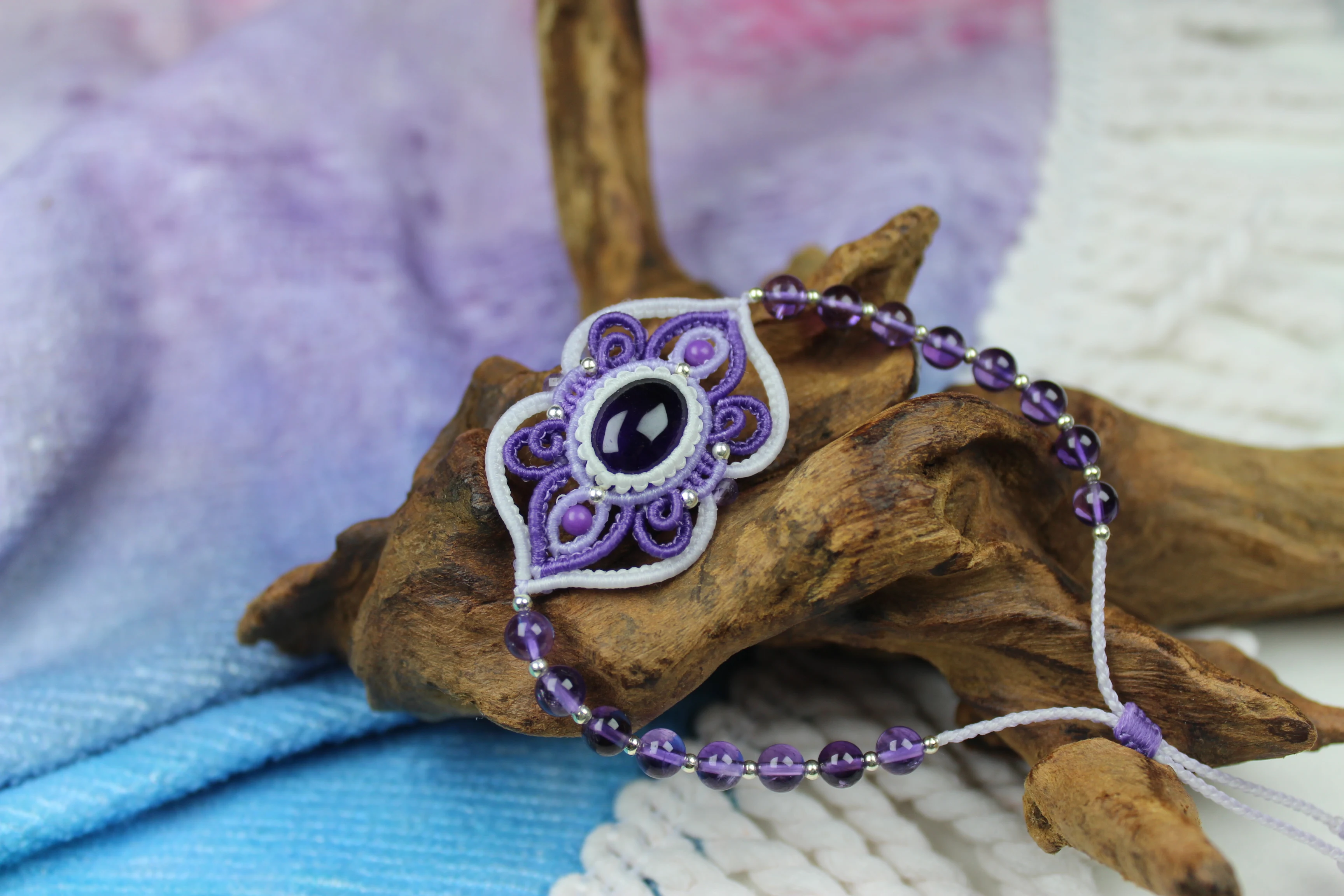 

Macrame Handmade Wax Polyster Thread Woven Amethyst Natural Stone Bracelet with Beads Exclusive Custom Design Gift for Women