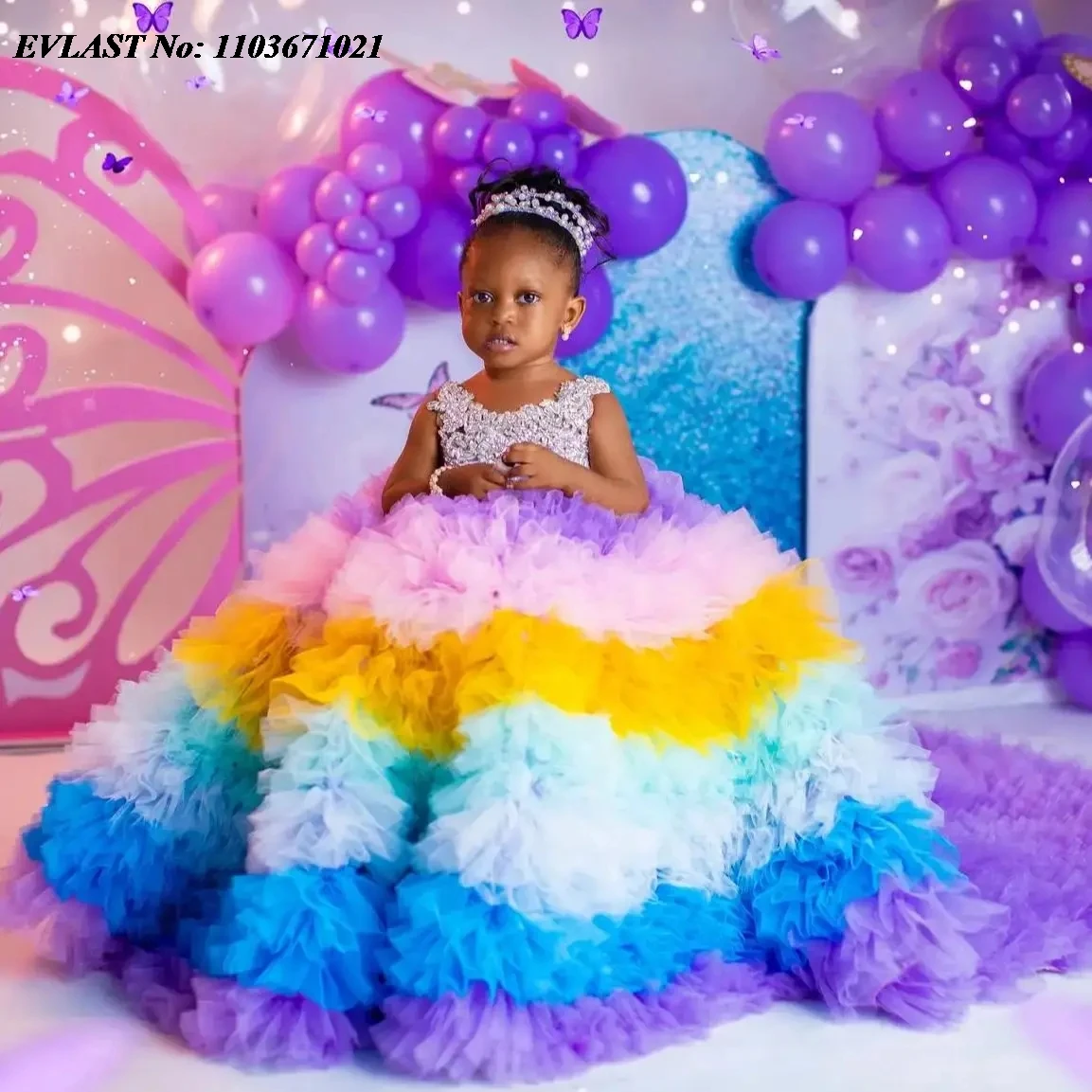 EVLAST Princess Colorful Flower Girls Dress for Wedding Tiered Ruffles Beading Girl Party Pageant Kids First Communion Gown FD50