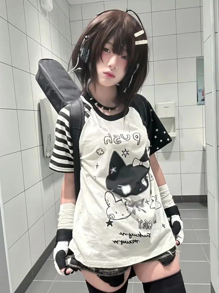 Harajuku Y2K Dark Punk Otaku Cat Graphic Short Sleeve T Shirt Women Contrast Striped Star Print Loose Fit Casual Streetwear Teen