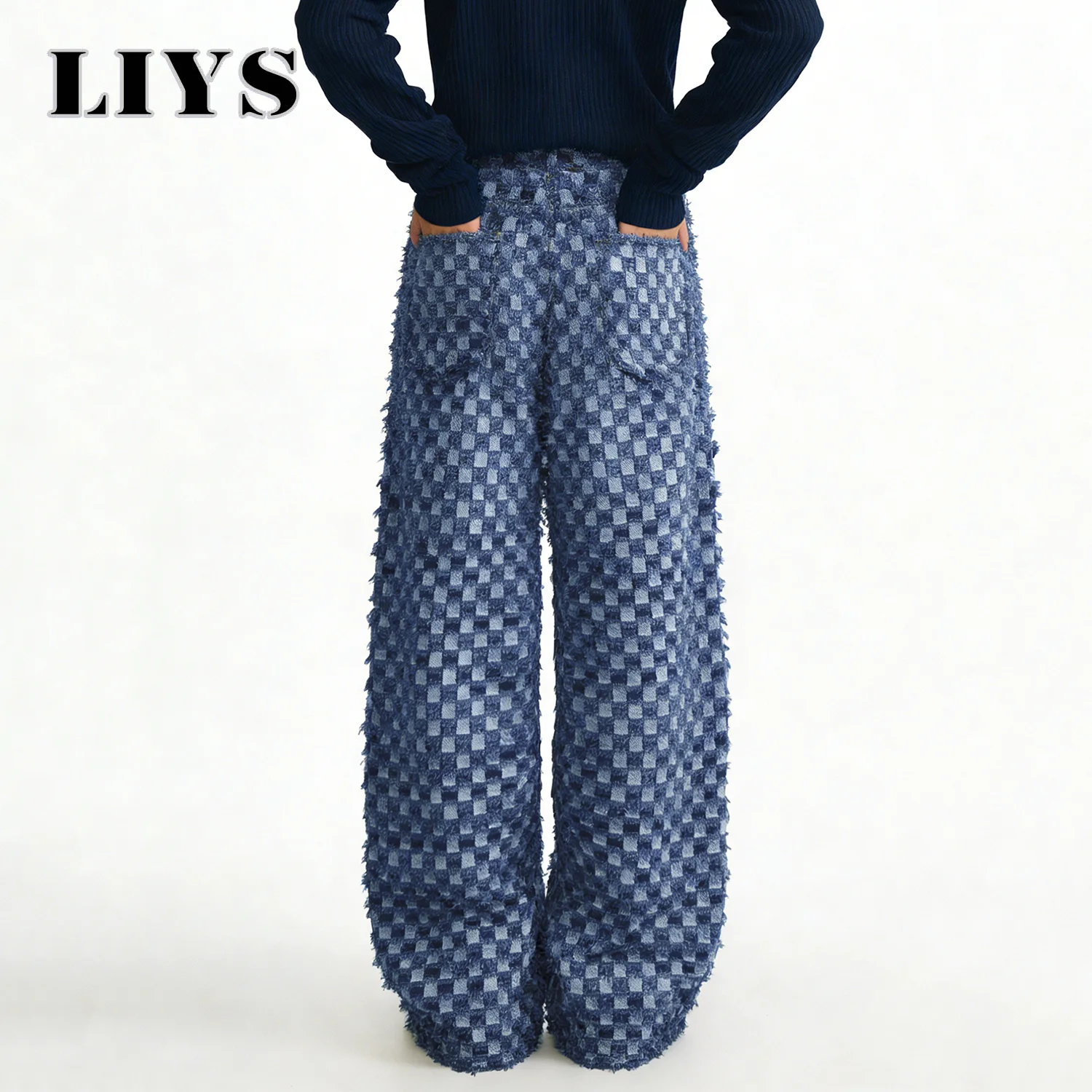 LIYS Japanese Korean Style Checkerboard Jacquard Baggy Wide-leg Jeans Trend Jacquard Casual straight leg Denim Pants Unisex