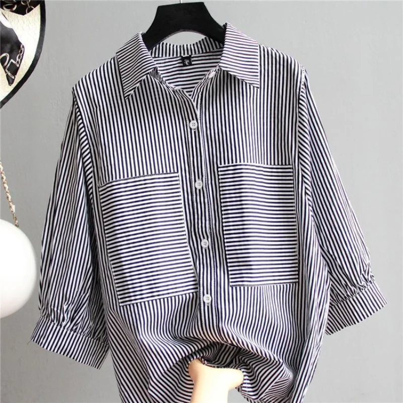 

Vintage Striped Loose Blouse Summer New Polo Neck Pockets Patchwork Short Sleeve Office Shirt Tops Casual Fashion Women Clothing