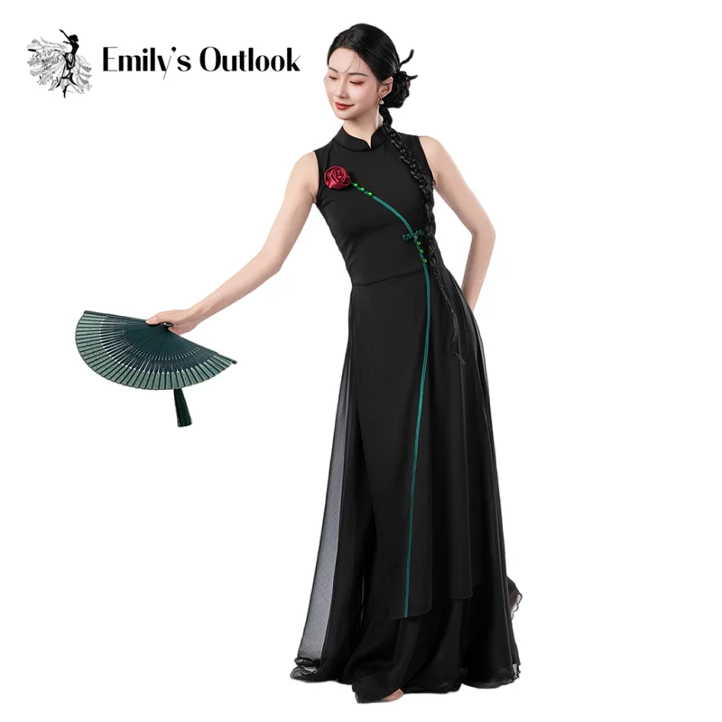 Kostium do tańca Cheongsam Chiński Tradycyjny Ludowy Strój Występowy dla Tancerki Narodowej Długa Sukienka Guziki Różane Szerokie Spodnie Culottes