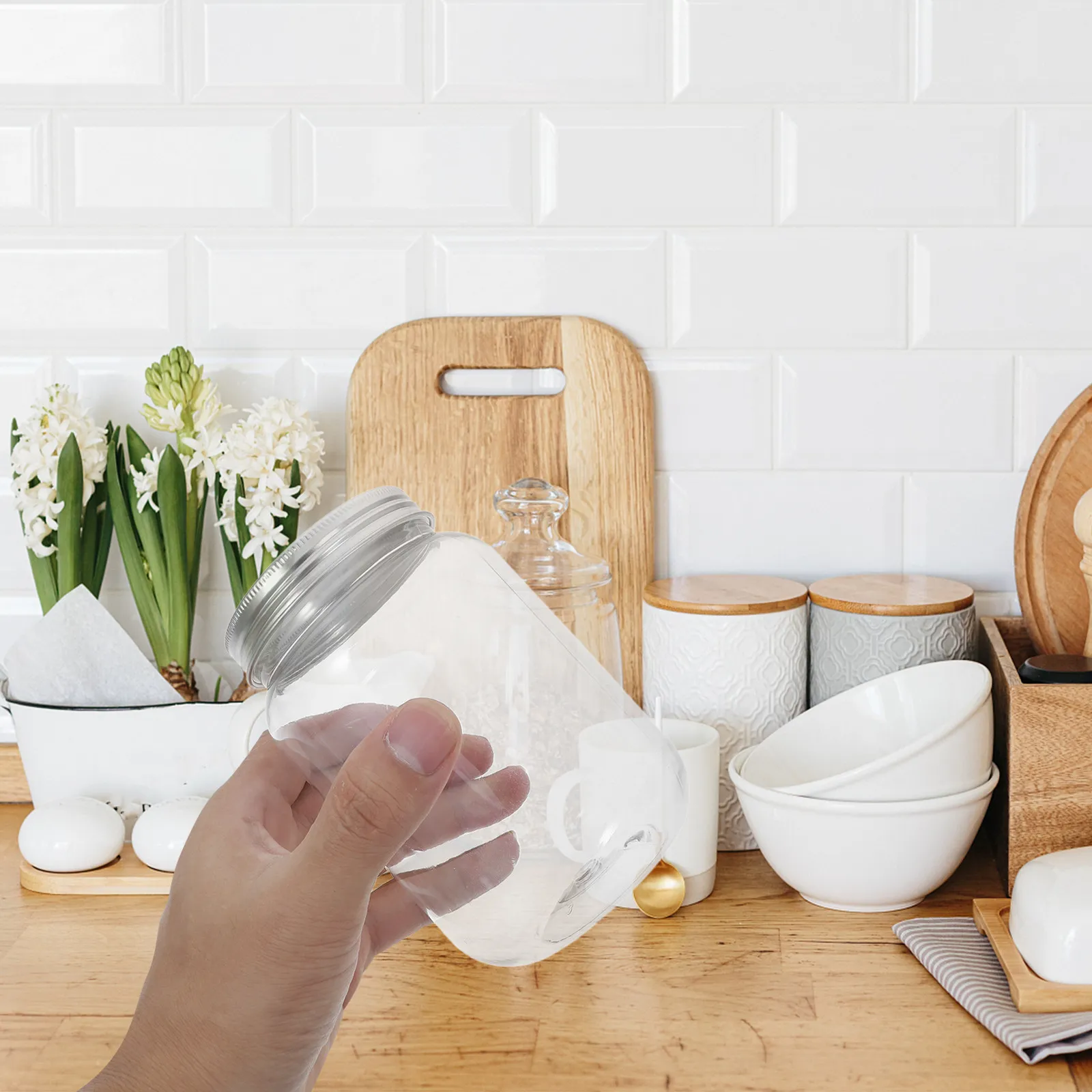 4Pcs Clear Plastic Jars with Airtight Aluminum Lids for Kitchen Storage Dry Food Snacks Candy Spices Pasta Sourdough view 3