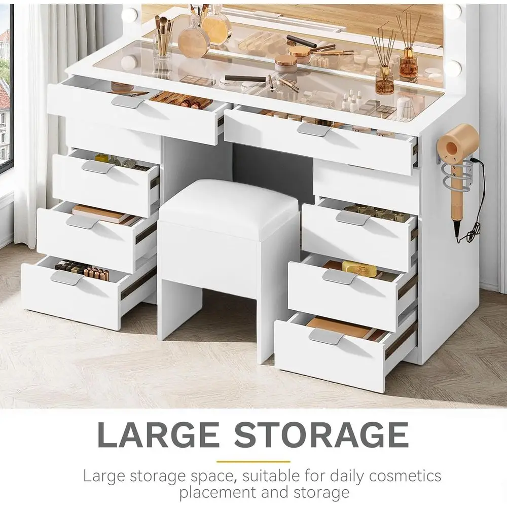 Beleuchteter Schminktisch mit Spiegel, Steckdosen, Hocker, LED-Glühbirnen, verstellbare Beleuchtung, Schubladen, Haartrocknerhalter &