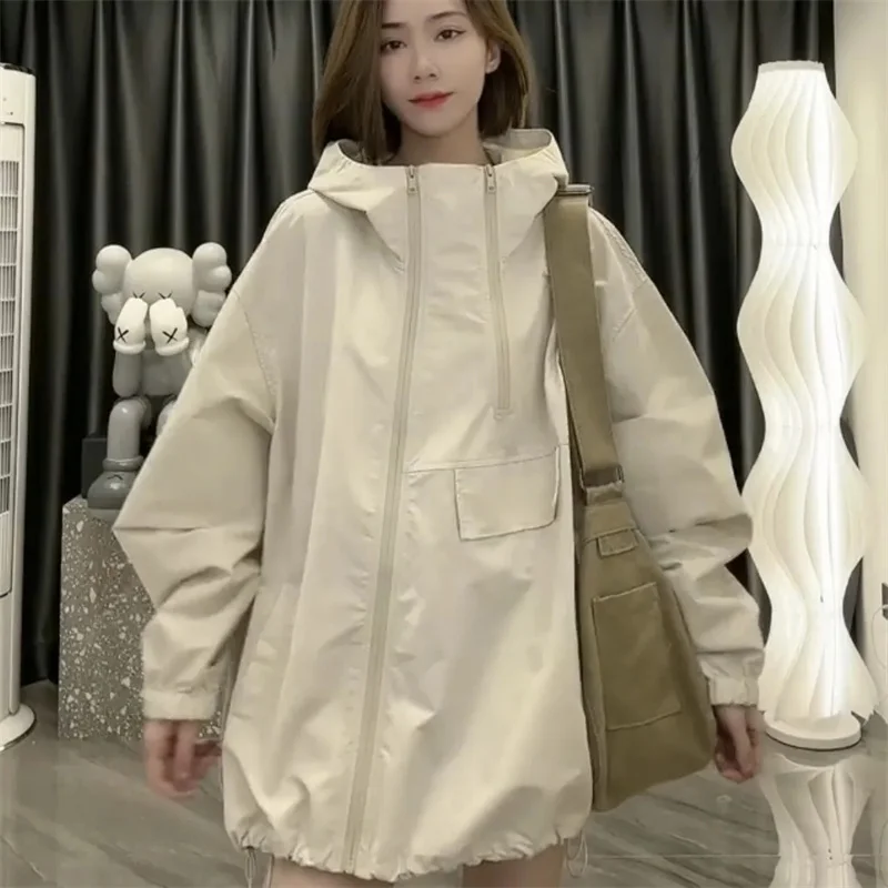 

Весенне-осенняя женская куртка с капюшоном на подкладке, в корейском стиле, с двойной молнией, свободного кроя, тренч, верхняя одежда, женская модная повседневная куртка-трансформер