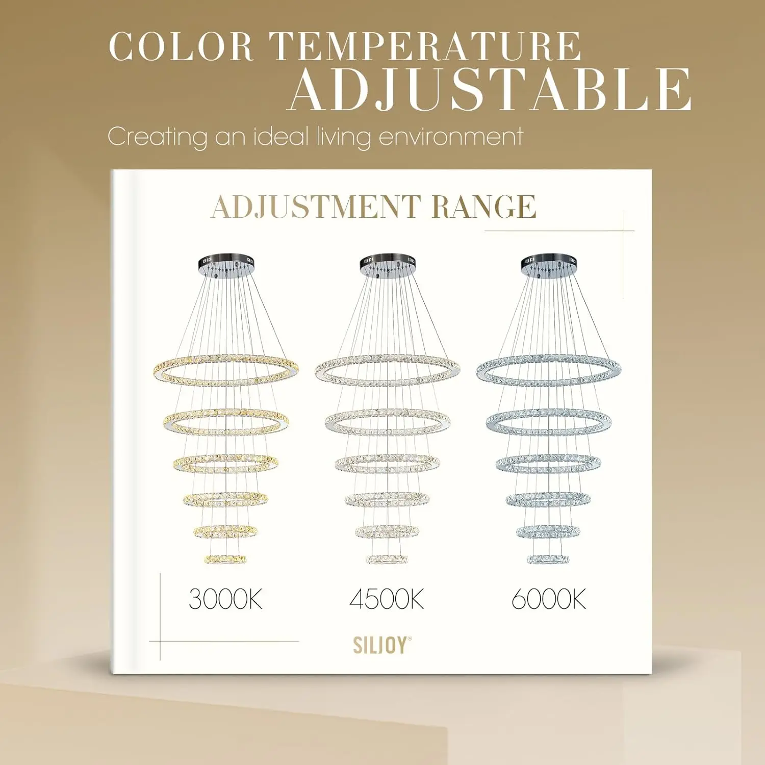 Modern Crystal Chandelier Lighting, 6 Ring Chandelier LED Ceiling Lights Fixtures with 3-Color, High Ceiling Foyer Chandelier